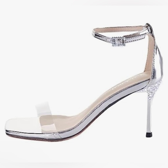 Women's Open Square‎ Toe Ankle Strap Clear Rhinestone Heeled Sand - Picture 4 of 5